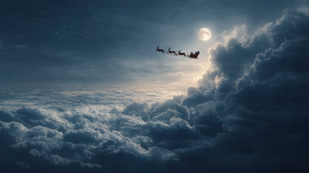 A whimsical scene of Santa's sleigh being pulled by reindeer through the clouds under a full moon, capturing the magic of the holiday season.の素材