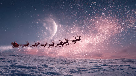A magical scene featuring a sleigh with reindeer soaring through a starlit night sky above a snowy landscape, capturing the essence of winter wonder and festive joy.の素材