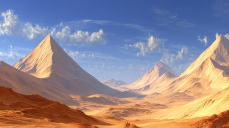 Stunning desert landscape showcases towering mountains under a bright blue sky, highlighting the beauty of nature's vast and serene wilderness.の素材