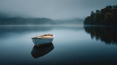 A serene scene captures a solitary boat floating on calm water surrounded by mist. The tranquil landscape evokes peacefulness and natural beauty at dawn.の素材