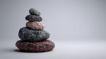 A serene arrangement of smooth stones stacked on top of each other against a minimalistic background, symbolizing balance, calmness, and tranquility. Ideal for wellness or meditation themes.の素材