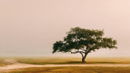 A solitary tree stands gracefully in a misty landscape at sunrise, exuding tranquility and calmness. The soft hues and fog create a serene atmosphere.の素材