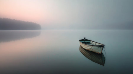 A lone wooden boat gently floats on a misty lake at dawn, surrounded by tranquil waters and soft pastel colors, creating a serene and atmospheric scene.の素材