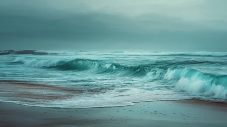 A tranquil scene of gentle ocean waves rolling onto the serene beach at dusk. The soft colors capture the peace and beauty of nature. Perfect for relaxation and outdoor themes.の素材