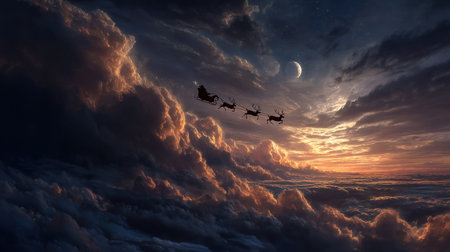 A breathtaking scene of a sleigh gliding through colorful clouds under a mystical night sky, featuring Santa and reindeer. Capture the magic of winter adventures.の素材