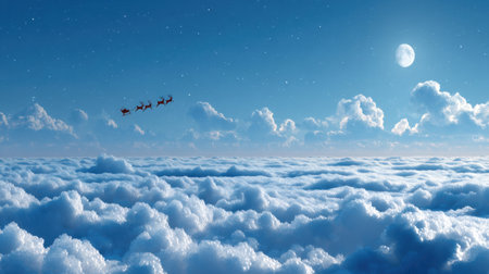 Experience a magical night sky filled with fluffy clouds, a soaring sleigh, and a bright moon. This enchanting scene evokes wonder and holiday spirit.の素材