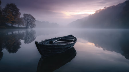 A solitary boat rests peacefully on a misty lake at dawn, surrounded by soft reflections and a serene atmosphere. This tranquil scene captures the beauty of nature's quiet moments.の素材
