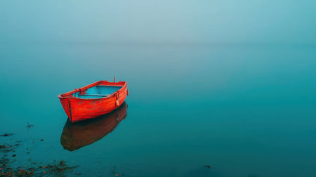 A striking red boat rests alone on tranquil water, enveloped in a soft fog. The serene landscape captures the essence of peace and solitude, perfect for nature lovers.の素材