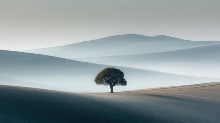 This breathtaking landscape features a solitary tree set against rolling hills, shrouded in morning mist. The serene atmosphere evokes tranquility and natural beauty.の素材