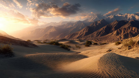 Stunning desert landscape with rolling sand dunes and majestic mountains under a vibrant sunset sky. Perfect for nature and travel themes.の素材