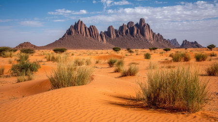 Captivating view of a vast desert landscape featuring rugged rocky peaks and golden sand dunes under a clear blue sky, showcasing nature's beauty.の素材