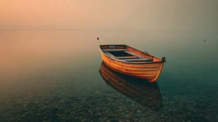 A solitary wooden boat floats gently on the calm water, bathed in soft orange hues of sunrise. The serene atmosphere captures a moment of tranquility and beauty.の素材