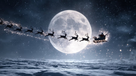 A whimsical scene depicts Santa Claus flying in his sleigh, pulled by reindeer, across a starry night sky with a luminous moon. Celebrate the magic of the holiday season!の素材