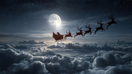 A magical scene of Santa Claus in a sleigh soaring over soft clouds under a bright full moon, embodying the spirit of winter festivities and holiday wonder.の素材