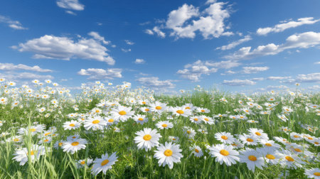 A vibrant meadow filled with blooming daisies under a clear blue sky dotted with fluffy white clouds, creating a serene and peaceful natural landscape.の素材