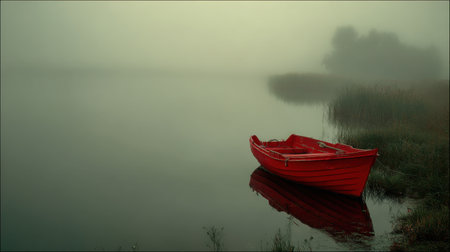 A solitary red boat rests on a tranquil misty lake at dawn. Soft fog envelops the scene, creating a serene atmosphere perfect for reflection and relaxation.の素材