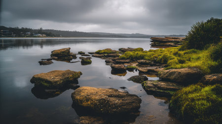 A serene landscape featuring a rocky shoreline beside calm waters. Overcast skies reflect on the surface, creating a tranquil atmosphere amidst lush greenery.の素材