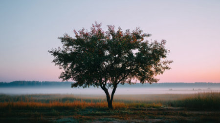 A tranquil scene showcasing a solitary tree in a misty field at dawn. The soft colors of the horizon blend beautifully with the surrounding fog, creating a serene atmosphere.の素材