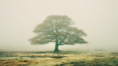 A solitary tree stands majestically in a misty landscape, capturing a serene moment at dawn. The soft light and fog create a tranquil atmosphere, ideal for nature lovers.の素材