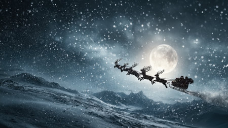 Experience a magical sleigh ride through a snowy night illuminated by a full moon. Reindeer gallop gracefully across a serene winter landscape.の素材