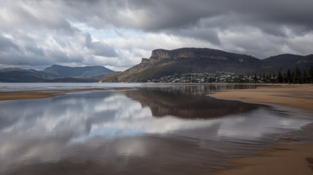 A tranquil beach scene featuring calm water reflecting surrounding mountains and overcast skies, perfect for travel and nature enthusiasts seeking peace and beauty.の素材