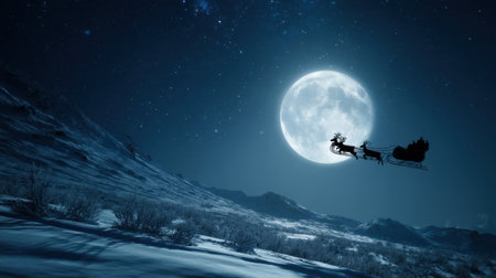 A magical scene depicting a sleigh ride under a luminous full moon, surrounded by twinkling stars and a serene snowy landscape, evoking a sense of holiday wonder.の素材