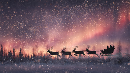 Experience a magical winter night scene featuring a sleigh with reindeer gliding through snowy landscapes, illuminated by a stunning aurora.の素材