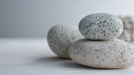 A serene close-up of smooth pebbles stacked on a light surface, perfect for promoting relaxation and minimalist design themes in home decor and wellness spaces.の素材