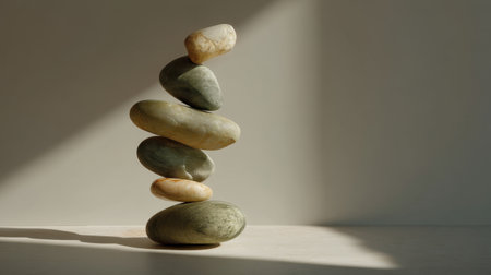 A serene arrangement of smooth stones stacked harmoniously, casting soft shadows on a neutral background, perfect for designs focused on calm and tranquility.の素材