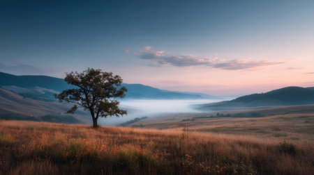 A breathtaking landscape showcases a lone tree in a foggy valley during sunrise. Soft pastel colors illuminate the scene, creating a tranquil atmosphere perfect for nature lovers.の素材