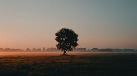 A solitary tree stands majestically in a misty landscape at dawn, creating an atmosphere of tranquility and serenity. The soft light illuminates the peaceful scene.の素材