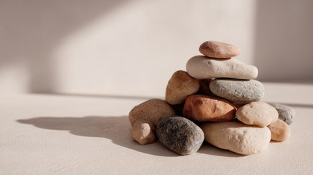 A serene composition featuring a balanced stack of stones on a light surface. The gentle shadows create a peaceful atmosphere, ideal for relaxation themes.の素材