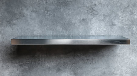 A sleek and minimalist floating shelf set against a textured gray background, ideal for modern and industrial decor styles. Perfect for showcasing items.の素材