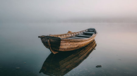 A tranquil scene featuring a wooden rowboat resting on calm water, shrouded in mist during the early morning. Ideal for capturing nature's serenity.の素材