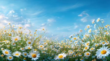 A vibrant field filled with blooming daisies under a clear blue sky, radiating the essence of spring. Perfect for nature-themed projects or backgrounds.の素材