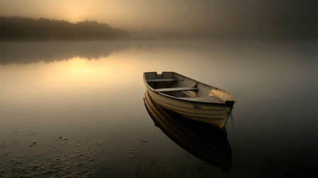 A solitary wooden boat rests peacefully on tranquil waters at sunrise, shrouded in gentle mist. This serene scene evokes feelings of calm and solitude in nature.の素材