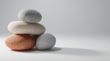 A serene arrangement of stacked smooth stones on a minimalistic background, symbolizing balance and tranquility. Ideal for decor and wellness themes.の素材