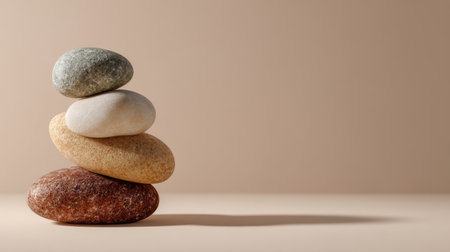 A serene composition featuring a balanced stack of colorful stones against a subtle background, emphasizing simplicity and natural beauty, ideal for wellness themes.の素材