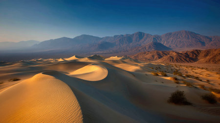 A stunning view of sand dunes illuminated by the warm glow of sunset, framed by majestic mountains in the background, creating a tranquil desert landscape.の素材