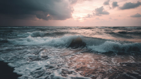 Experience the captivating beauty of ocean waves crashing gently at sunset. The dramatic clouds add depth and allure to this serene and tranquil seascape.の素材