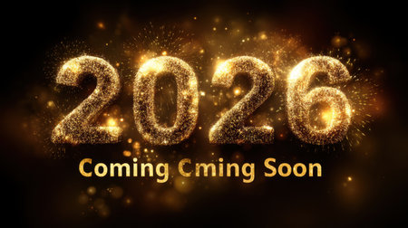 Stunning visual featuring glittering 2026 numbers with sparkles and fireworks, perfect for new year celebrations, announcements, or vibrant event promotions.の素材