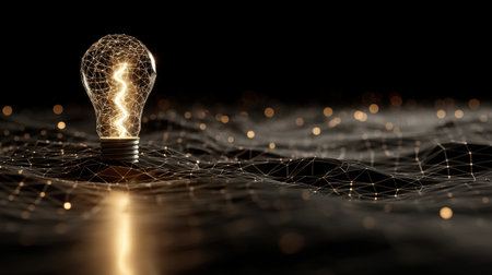 This conceptual image features a glowing light bulb surrounded by an abstract network, creating a vibrant and imaginative representation of energy and innovation.の素材