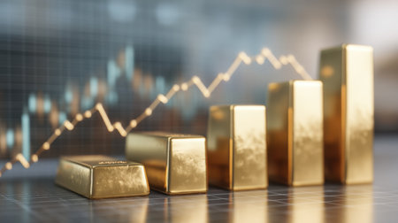 A collection of gold bars positioned in front of a financial graph showing an upward trend, symbolizing growth, investment, and wealth in the economic landscape.の素材