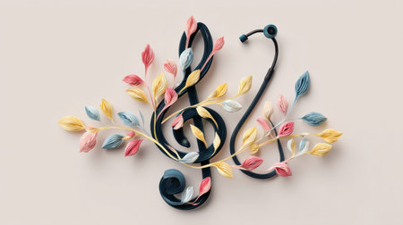 This artistic image features a creative fusion of music notes and a stethoscope intertwined with colorful leaves, symbolizing the harmony of health and art.の素材