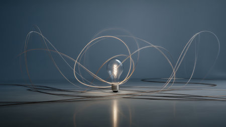 This image showcases a light bulb surrounded by swirling energy lines, creating a dynamic visual effect. The soft background complements the glowing light, enhancing creativity.の素材
