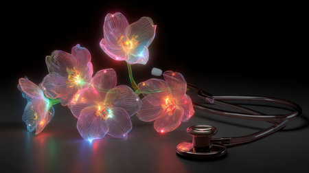 A visually striking composition featuring glowing orchid flowers intertwined with a stethoscope. This artistic piece captures the harmony of healthcare and nature, creating an ethereal ambiance.の素材