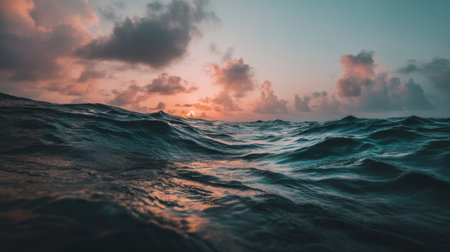 Immerse in the beauty of a tranquil ocean at sunset, where gentle waves embrace the vibrant colors of the sky. This serene seascape captures nature's artistry.の素材