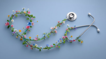 A stethoscope intertwined with vibrant flowers and greenery on a soft blue background, symbolizing the harmony between nature and healthcare aesthetics.の素材