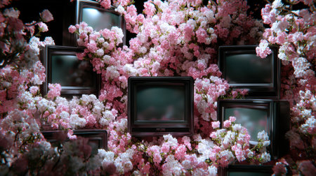 A captivating composition featuring vintage televisions nestled among vibrant cherry blossoms, creating a striking contrast between retro technology and natural beauty.の素材