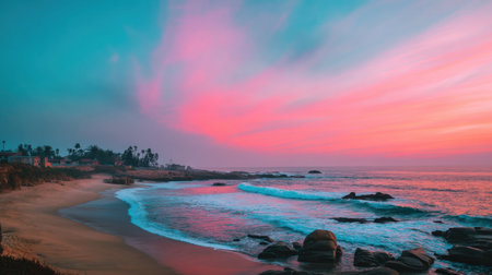 A beautiful beach landscape featuring soft waves and a stunning sunset. The sky showcases vibrant colors, while rocky formations add unique character. Perfect for tranquil nature themes.の素材